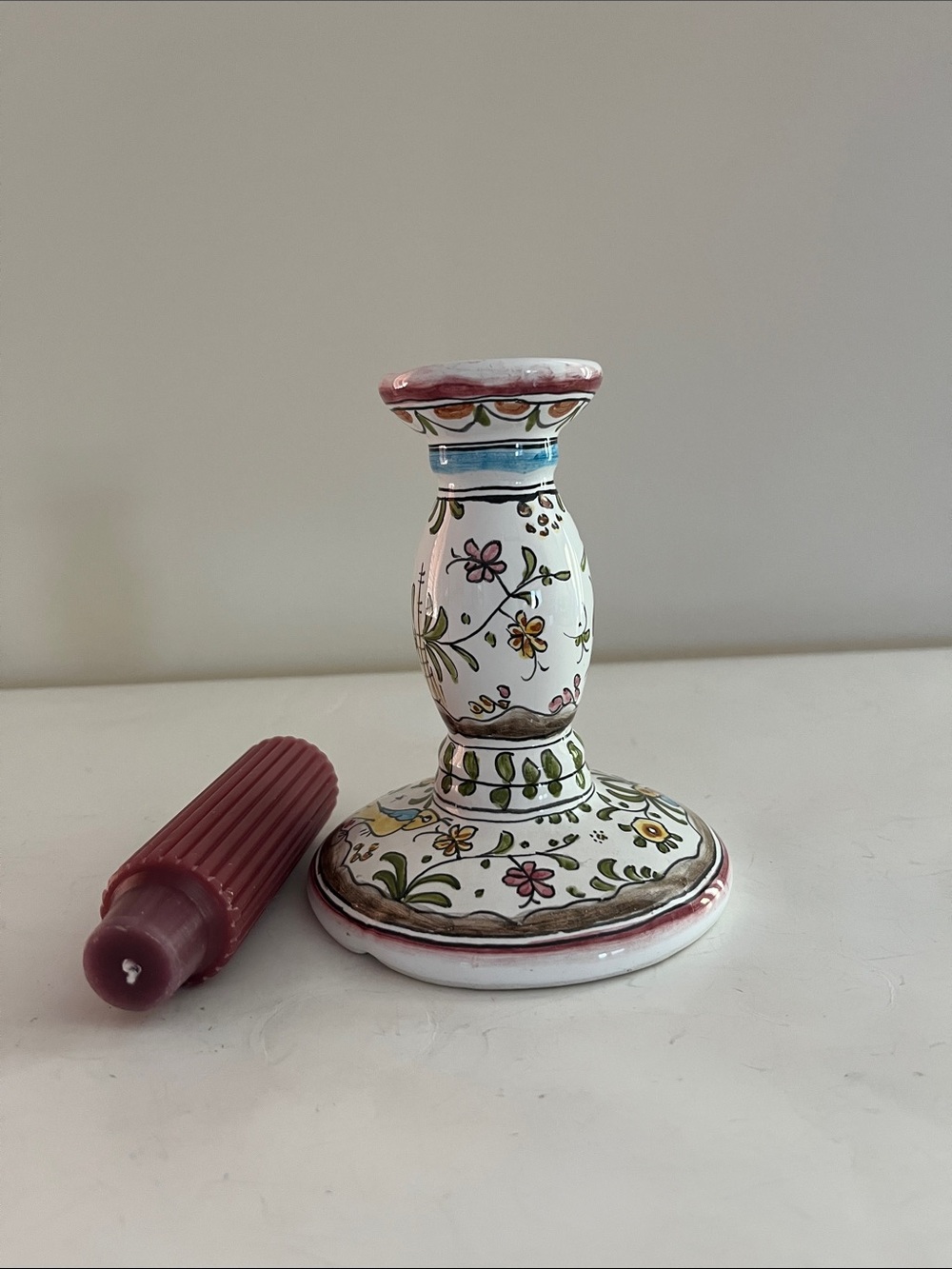 Portugese Hand-Painted Floral Ceramic Candle Holder with mauve candle